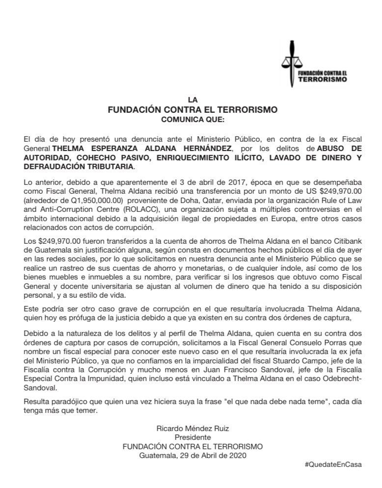 EWzmV0zWAAAZvM4 Miembros de La Fundación Contra El Terrorismo de Guatemala interpusieron en el Ministerio Público -MP- una denuncia en contra de Thelma Aldana.