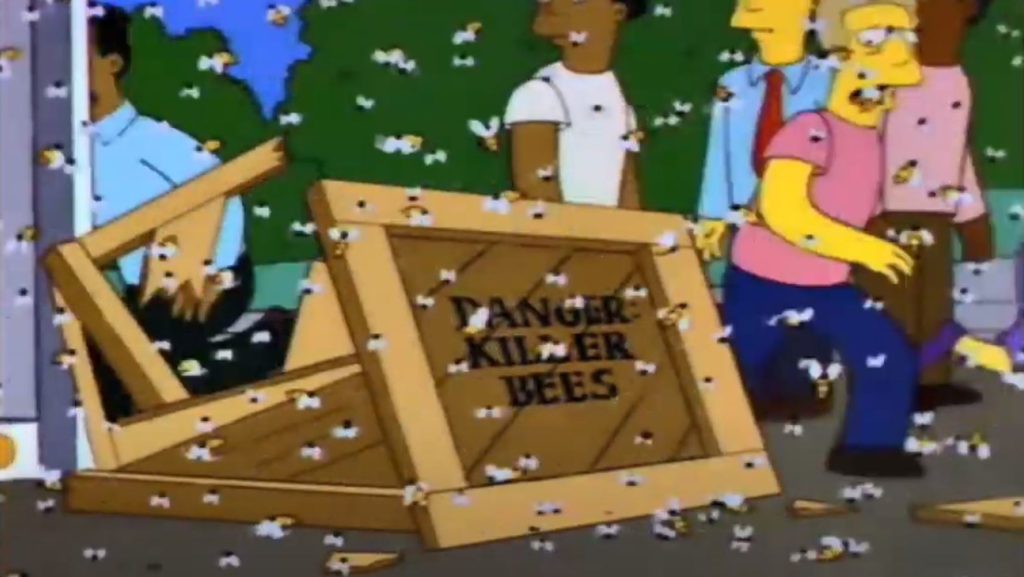 Los Simpsons predijeron el año 2020 1 Imagen del capitulo de Los Simpsons conocido como Marge encadenada donde los aldeanos de Sprinfield son atacados por abejas asesinas