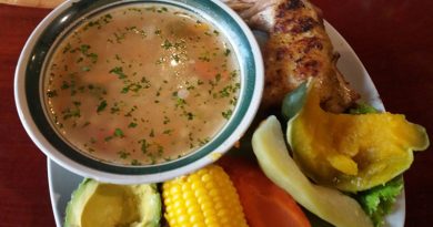 Plato que contiene un delicioso caldo de gallina guatemalteco con elote, zanahoria, wicoy, aguacate y tortillas, ideal para un almuerzo en familia