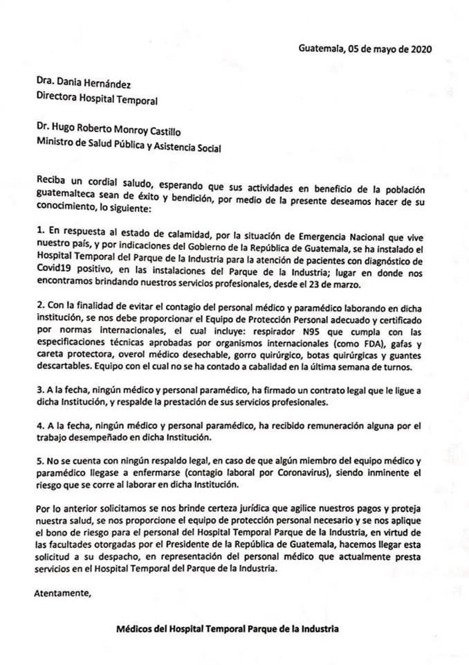 Carta dirigida al Ministro de Salud explicándole las carencias de el Parque de la Industria