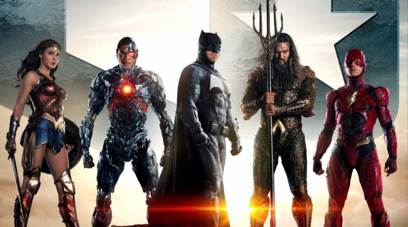 poste de la película de la Liga de la Justicia donde aparecen: Batman, Flash, Superman, La Mujer Maravilla, Aquaman y Cyborg
