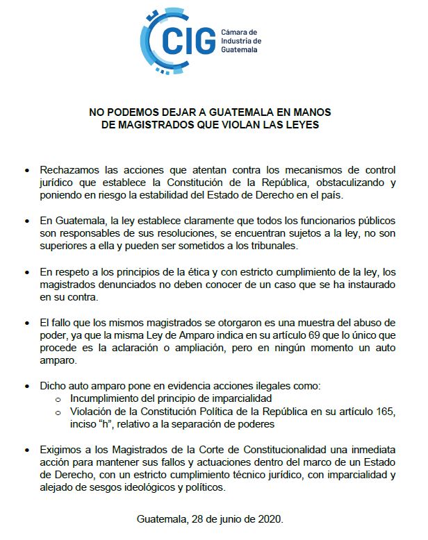 CIG El día sábado la Corte de constitucionalidad dio luz verde a un autoamparo a favor de los magistrados Gloria Porras, Francisco de Mata Vela y Bonerge Mejía, de esta manera intentan que la justicia los alcance por todas las ilegalidades que han cometido.