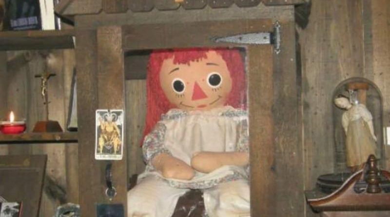 Annabelle Muñeca Ragidi Ann poseída por el diablo, responsable de varias muertes, en la estanteria especial en el museo de los Warren.