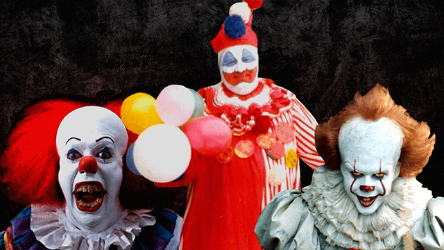 La historia del Payaso Pogo: La verdadera identidad detrás de John Wayne Gacy 5 Fotografía donde sale John Wayne Gacy disfrazado del Payasa Pogo en medio, al lado derecho el Payaso Eso (IT) original, al lado izquierdo el Payaso Eso (IT) remake de los años 2000.
