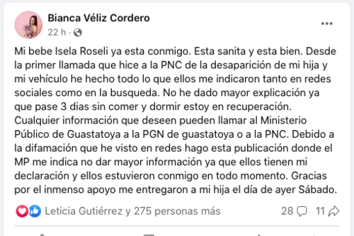 Recuperan a bebé Isela Roselí Chon Véliz que fue secuestrada 2 Isela Roseli Chon Veliz Después de sufrir el peor de los calvarios que le puede pasar a una mamá, la mamá de la bebé Isela Roselí Chon Véliz quien había sido secuestrada, al fin vio la luz en su tormenta y logró recuperar a su hija.