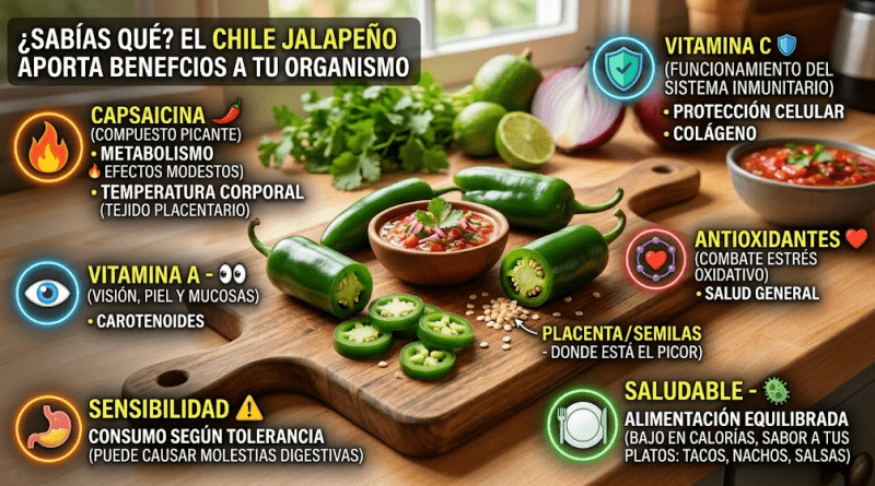 Chiles Jalapenos El chile jalapeño es mucho más que un ingrediente utilizado para darle un toque picante a las comidas. Este pequeño chile verde, muy popular en la gastronomía mexicana y centroamericana, contiene vitamina C, vitamina A, antioxidantes y capsaicina, un compuesto natural responsable de su característico picor.