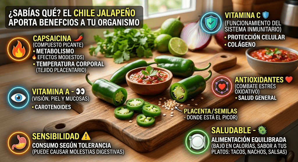 ¿Sabías qué? El chile jalapeño puede aportar varios beneficios a tu organismo 1 Chiles Jalapenos El chile jalapeño es mucho más que un ingrediente utilizado para darle un toque picante a las comidas. Este pequeño chile verde, muy popular en la gastronomía mexicana y centroamericana, contiene vitamina C, vitamina A, antioxidantes y capsaicina, un compuesto natural responsable de su característico picor.
