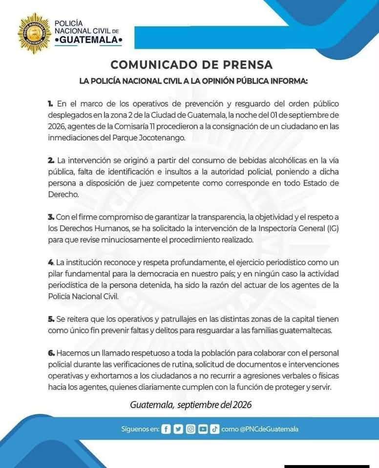 comunicado El periodista Sonny Figueroa, de Vox Populi, fue capturado la noche del lunes cerca del parque Jocotenango (antes Morazán), junto a su compañero Marvin del Cid, quienes presuntamente escandalizaban en la vía pública, según un comunicado de la Policía Nacional Civil (PNC). El hecho generó de inmediato el rechazo de organizaciones que velan por la libertad de prensa en Guatemala.